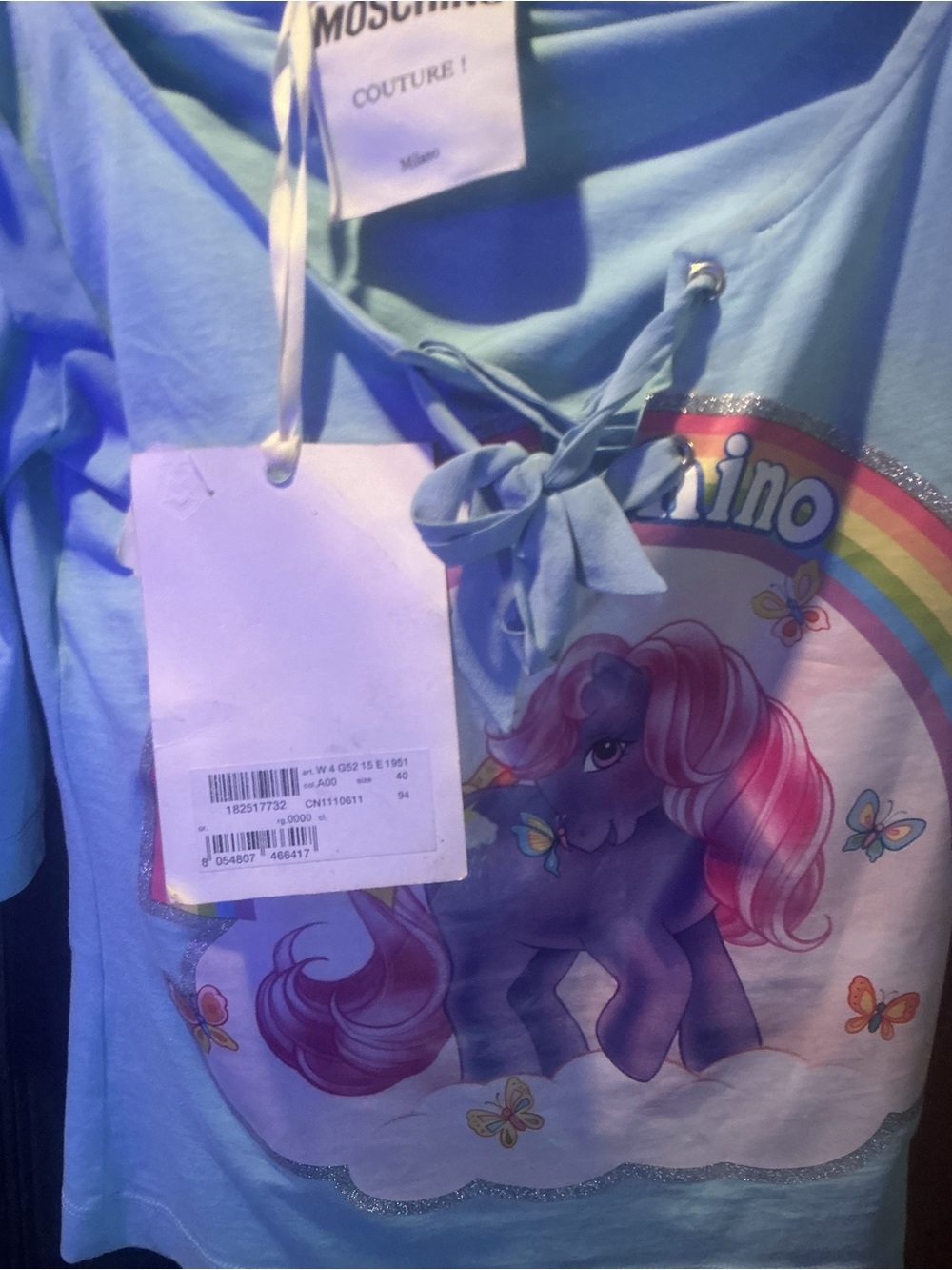 Moschino Light Blue Pony Rainbow Graphic Tee